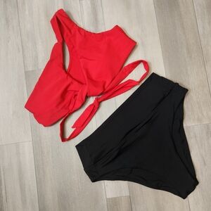 Bikini swimsuit women's XL red black two pieces one shoulder tie high waist new
